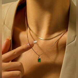 18k Gold Plated Necklace Cubic Zirconia Green Chain Stainless Steel Sets